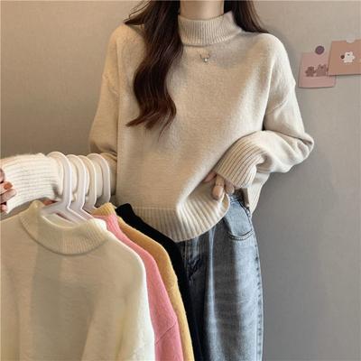 Autumn and Winter Semi High Neck Knitted Sweater for Women Loose Fitting Inner Outfit Sweater Short Versatile Top