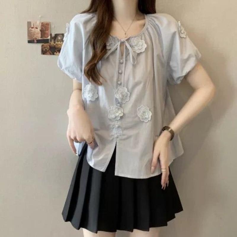 

Women s Short Sleeved T-shirt Three-dimensional Flower Decoration Tops Korean Style Simple Round Neck Lady Clothing S синий