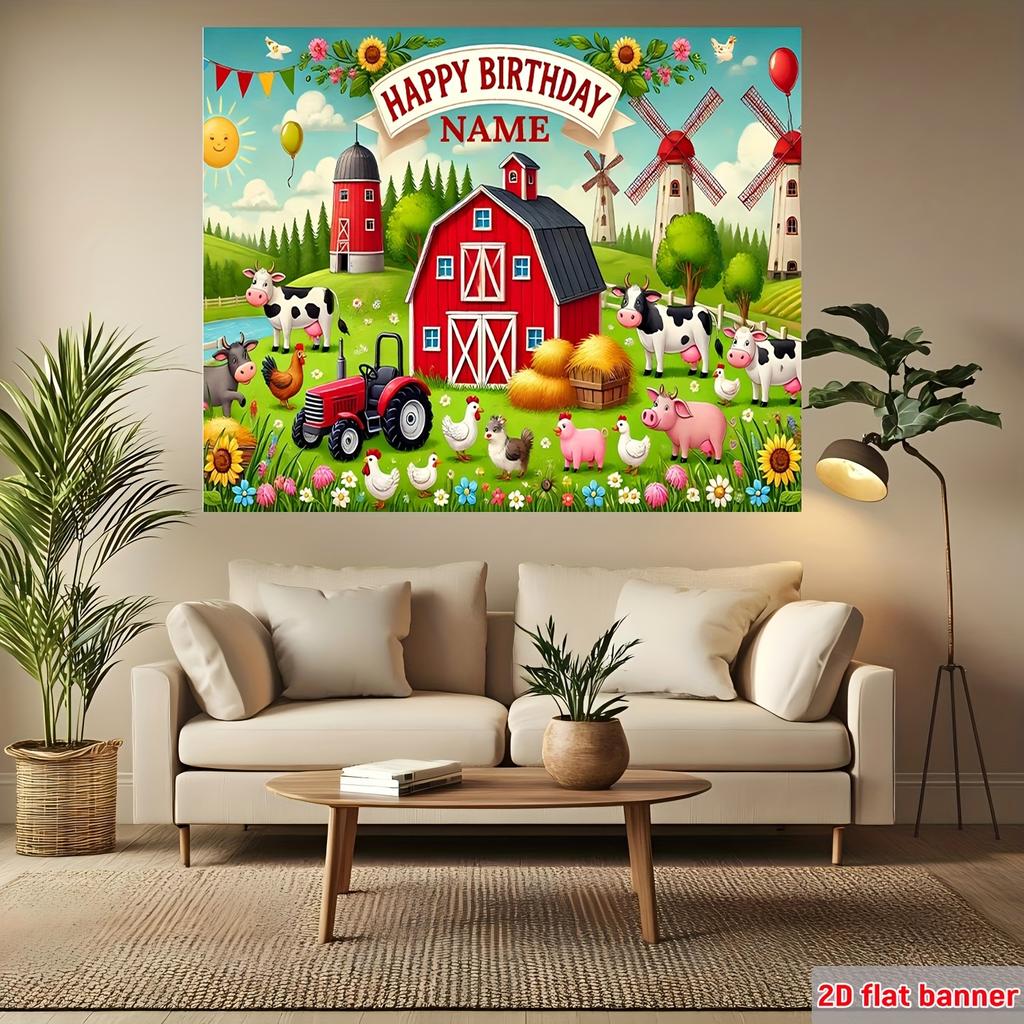 Personalized 2D Flat Birthday Party Background Fabric Joyful Farm Animal Themed Atmosphere Decoration