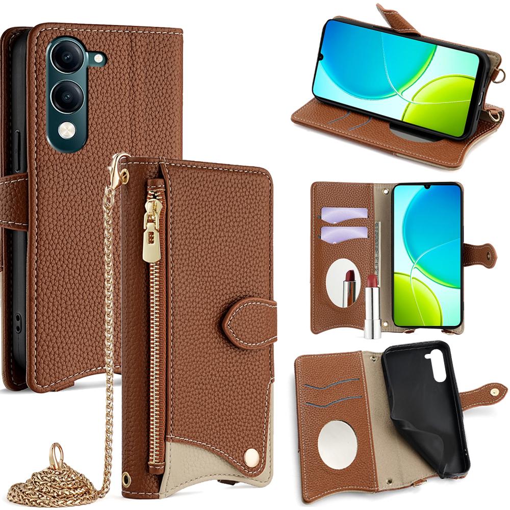 

For vivo Y29s 5G/Y04 4G Wallet Case Fishtail Design Leather Phone Cover with Mirror/Stand/Strap F