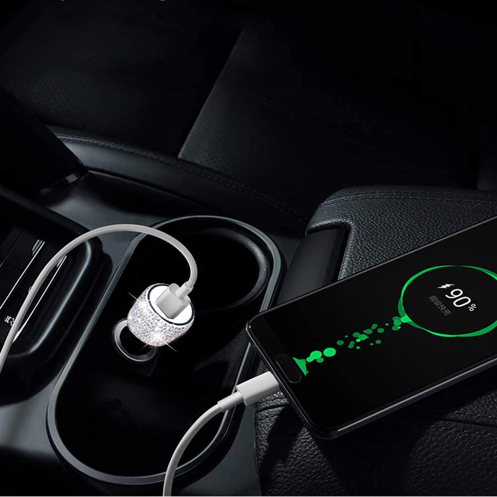 Dual USB Car Charger Bling Handmade Rhinestones Crystal Car Decors Safety Hammer Design Car Decorations Fast Charging for Phone