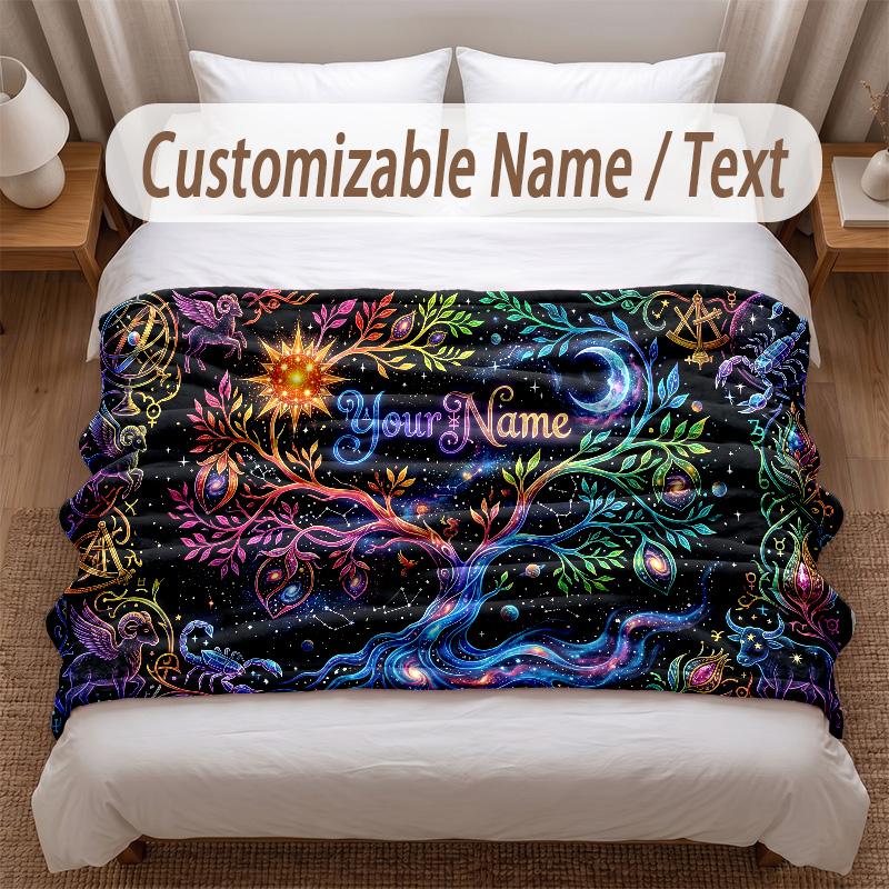 Tree of Life Theme Soft Blanket Personalized Custom Name Text Print Warm Blanket Home Sofa Bedroom Decor