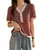Fashion Summer Temperament Versatile Striped V-neck Pearl Buttons Short Paragraph Short-sleeved Knit Shirt Tops Female Casual Slim Fit Pullovers Tees