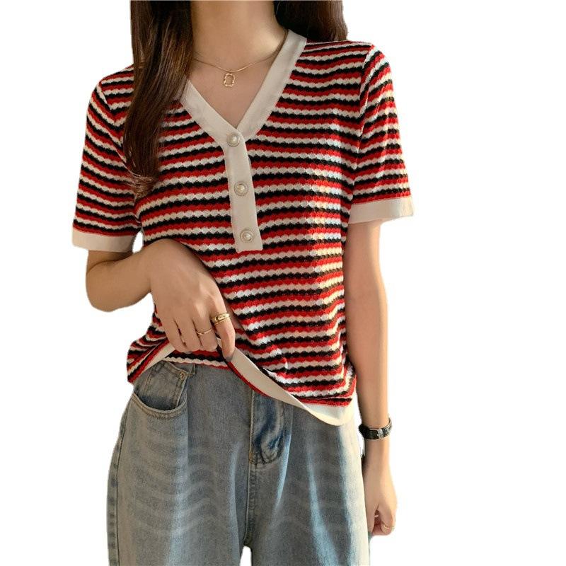 Fashion Summer Temperament Versatile Striped V-neck Pearl Buttons Short Paragraph Short-sleeved Knit Shirt Tops Female Casual Slim Fit Pullovers Tees
