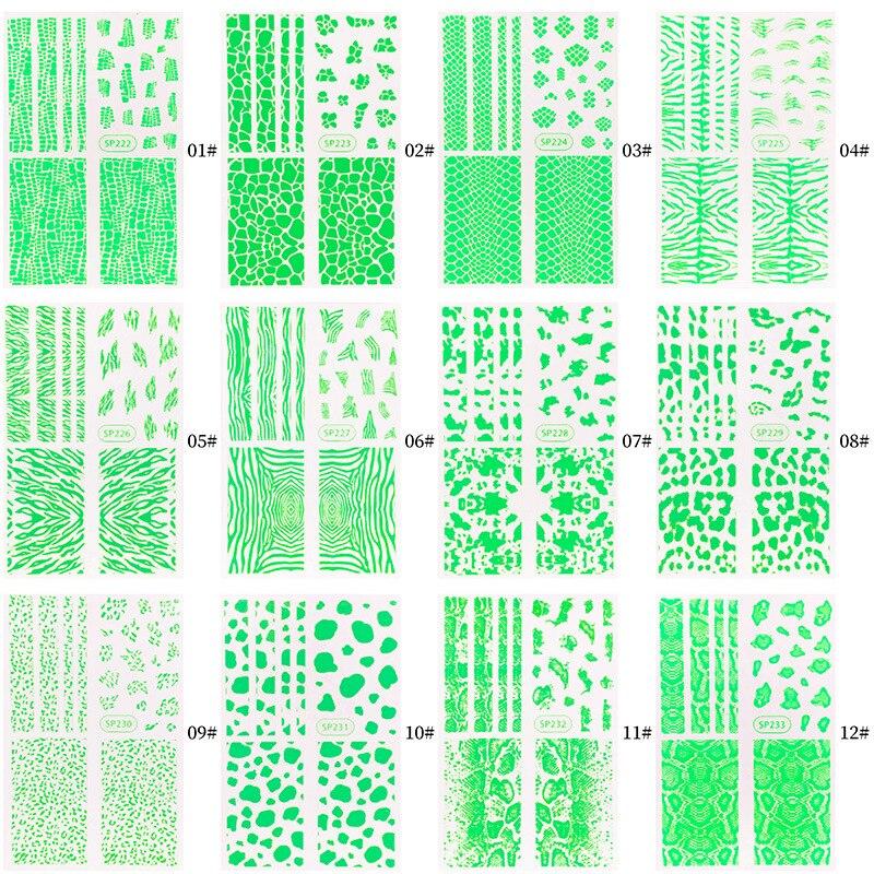 1 arkusz fluorescencyjny zielony naklejki do paznokci kalkomanie zdobienie paznokci dekoracje wąż Zebra Leopard dziki wzór skóry
