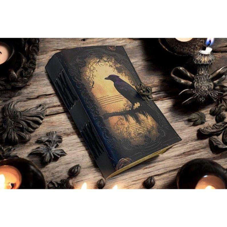 Leather Journal Gothic Notebook The Raven Grimoire Print - Vintage Handamde Journal Book of Shadows Witchcrafts Journal Gifts for Men