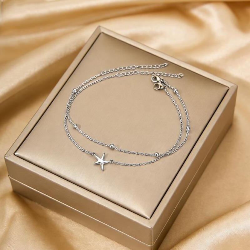 2Pcs/Set Stainless Steel Star Double-Layer Anklets for Women Ladies Waterproof Small Hole Bead Foot Chains Jewelry Accessories