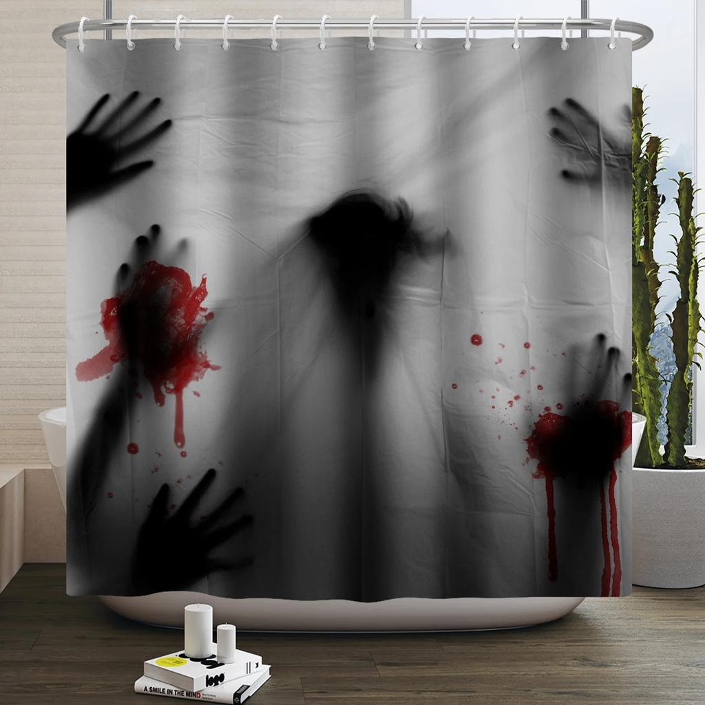 Halloween Duschvorhang Horrornacht Blutige Hände Gruseliger Zombie-Schädel Furchteinflößend Halloween Wasserdicht Bad Badezimmer Duschvorhang