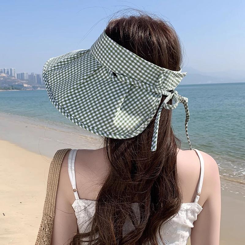 Summer Checkered Sun Hat Foldable Wide Brim Empty Top Beach Hat Breathable Uv Protection Women Sun Shade Visors