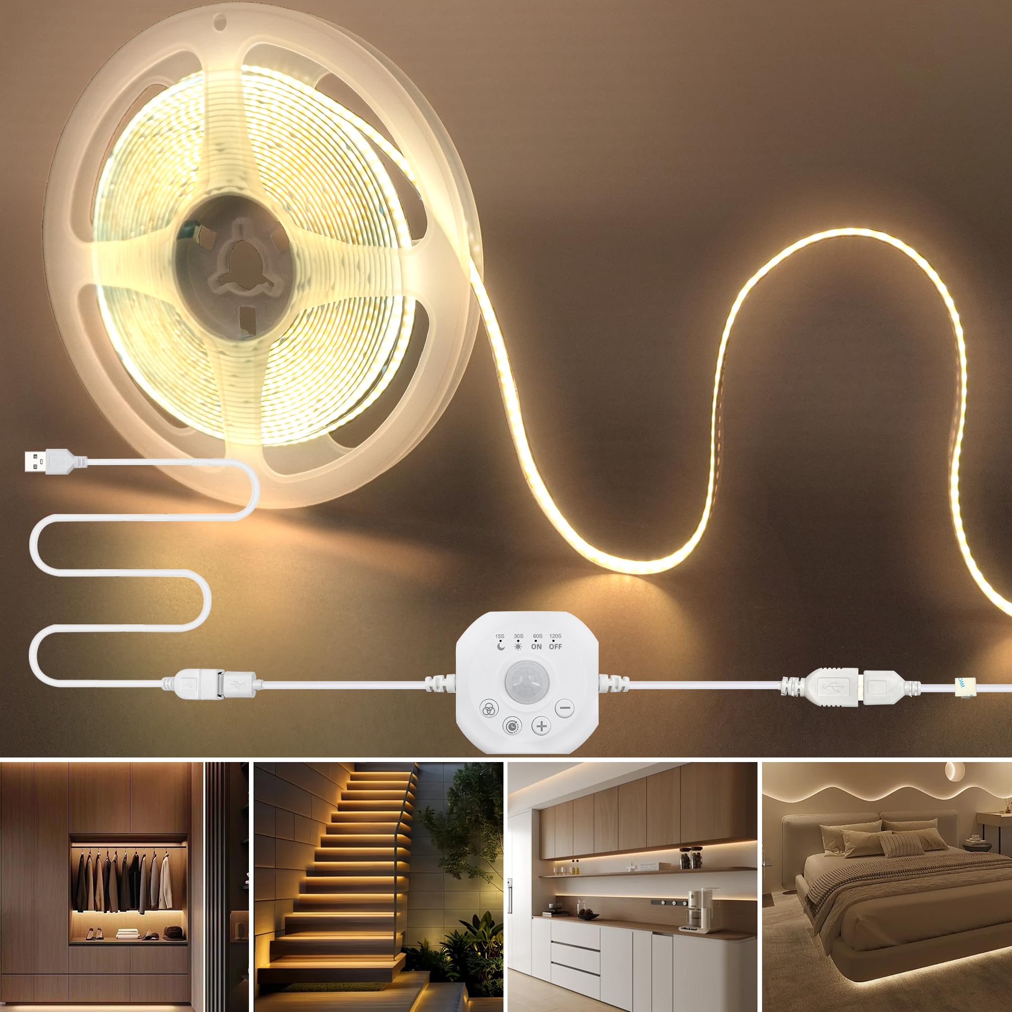 

Clearhill Motion Sensor COB LED 5V USB Strip Light, 5M, Warm White 3000K, Daytime and Night Modes, 4 Timer Off Modes, 320 LEDsM, 8mm Wide, for DIY