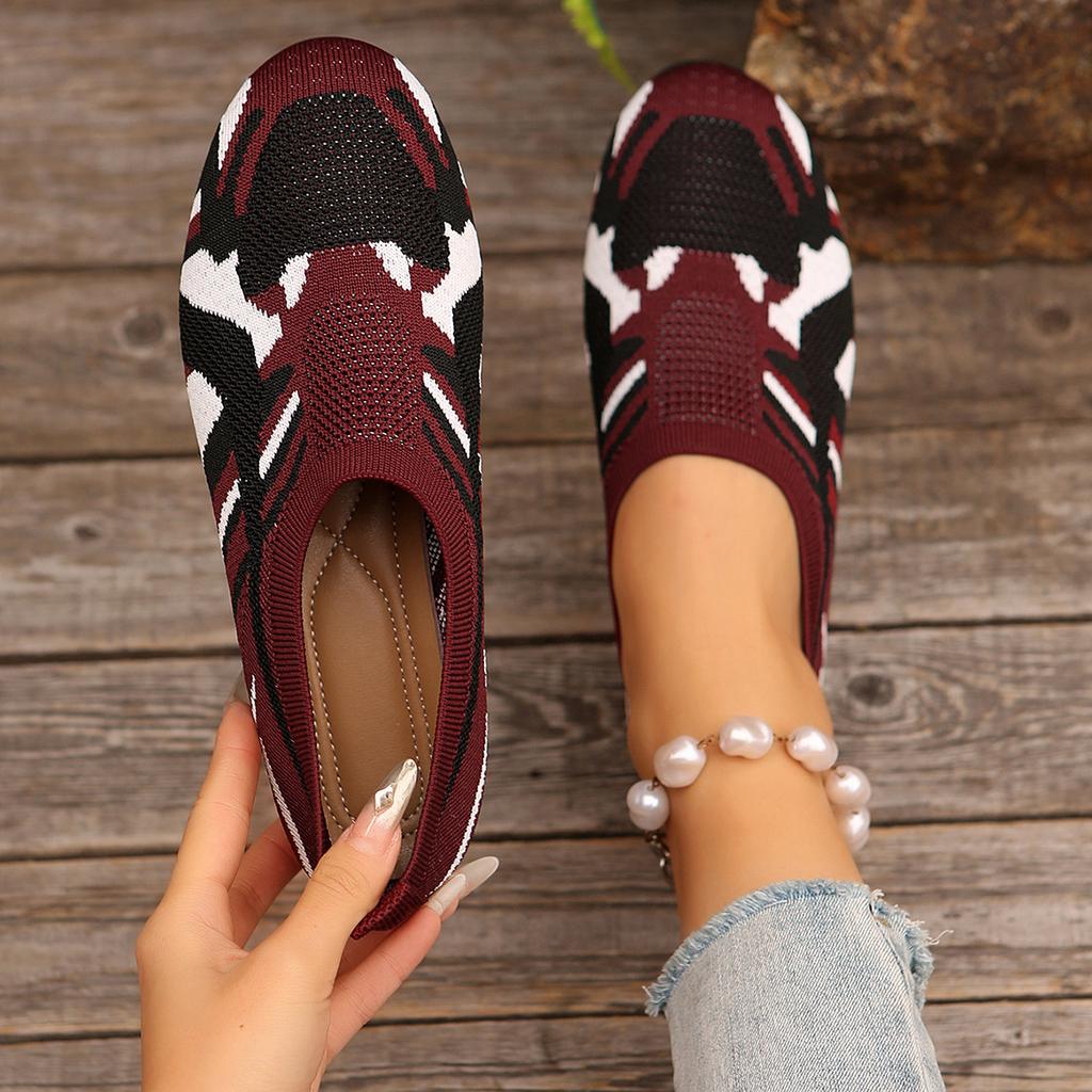 New Flyknit Mesh Breathable Low Top Single Shoes for Women, Flat Bottom Printed Knitted Fabric, Shallow Mouth Lazy Work Shoes