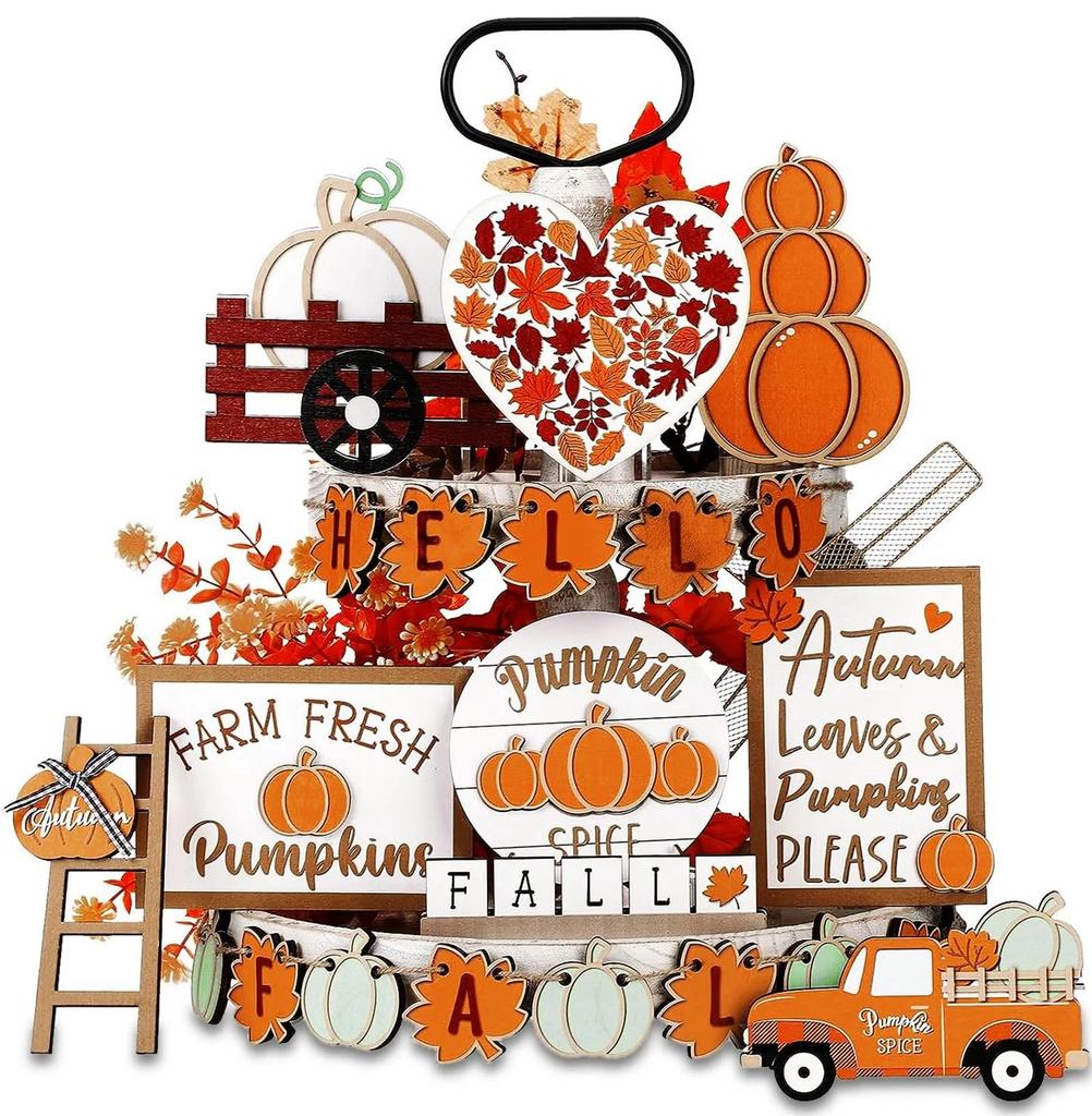 23 Piece Layered Tray Decoration Set Thanksgiving Pumpkin Maple Leaf Truck Decoration