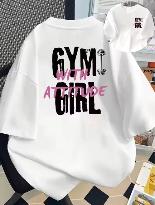 Fitness Attitude Print Tshirt DoubleSided Short Sleeve Crew Neck Casual Top For Summerspring Unisexs Clothing Daily Streetwea