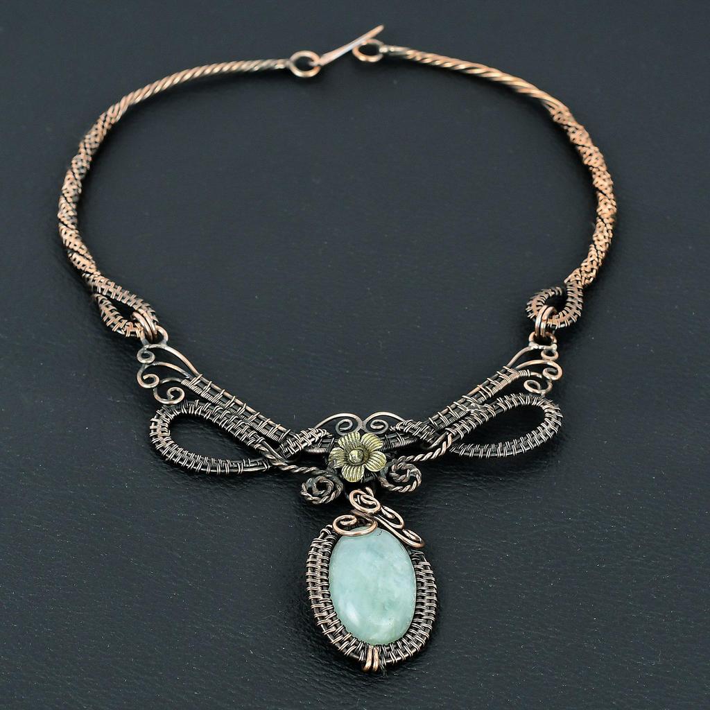 Aquamarine Handmade Gemstone Necklace, 999 Copper Wire Wrapped Necklace Antique Jewelry, For Engagement Gift
