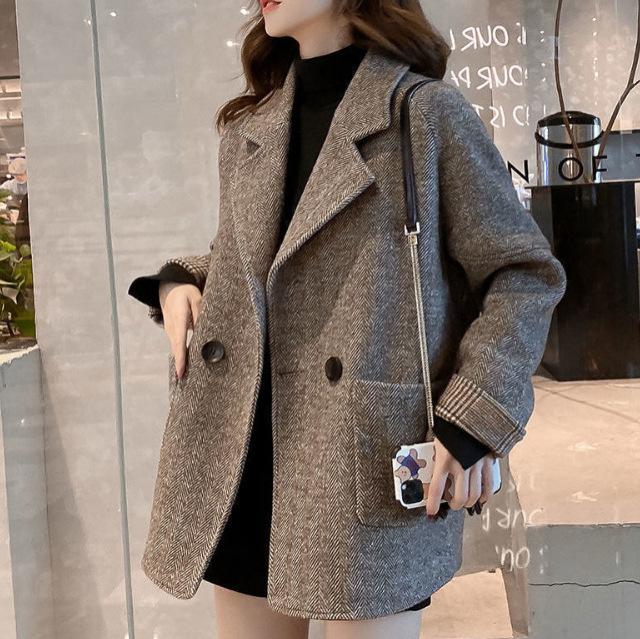 Britischer Stil Grauer Kaffeeanzug Wollmantel Damen Herbst und Winter Dick Locker Lässiger Anzug