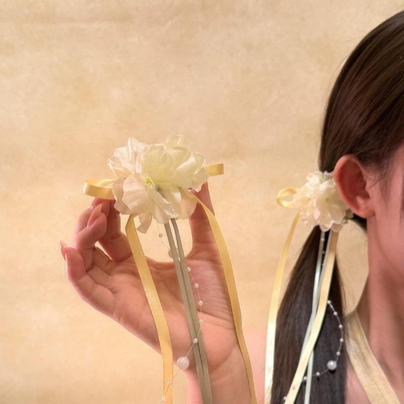 Spring New Chinese Headdress Floral Ribbon Ballet Style Bow Fringed Streamer Decorative Hairpin