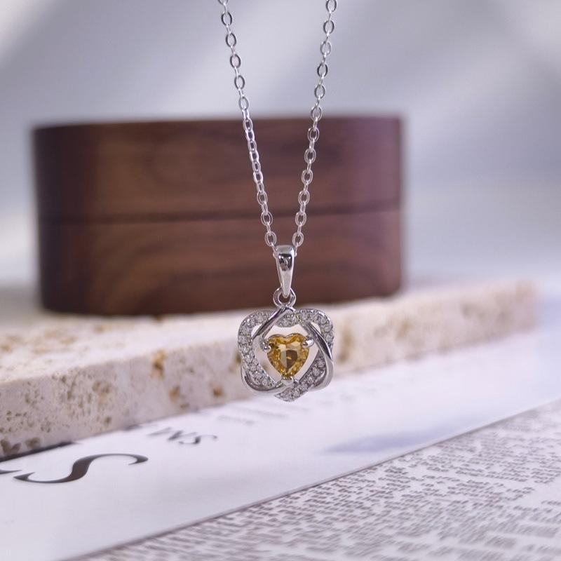 Women's S925 Sterling Silver Double Heart Necklace Natural Crystal Garnet Peridot Clavicle Chain