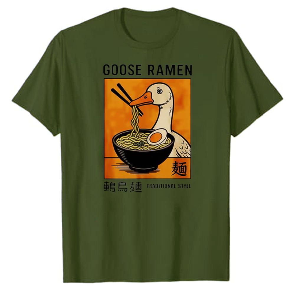 Goose Eating RaUnisex Noodle Bowl Orange Frame Japanese Character Graphic Cotton Tshirt Funny Food Meme Retro Streetwear Unisex Top