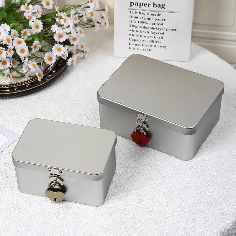 1 Stück Multifunktionale Schreibtisch-Aufbewahrungsbox Metallbox Schmuckaufbewahrung Leere Box Silber Abschließbare Blech-Aufbewahrungsbox