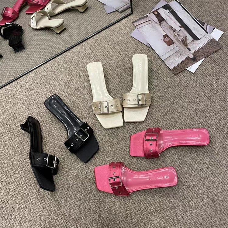 Fashion Belt Buckle One-word Outer Wear Medium Heel Sandals Special-shaped and Slippers Women
