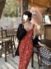 French Red Floral Spaghetti Strap Summer Dress - Women's 2024 Beach Vacation Long Dress
