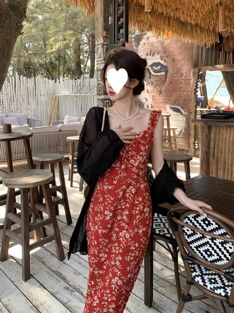 French Red Floral Spaghetti Strap Summer Dress - Women's 2024 Beach Vacation Long Dress