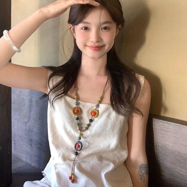 Vintage Bohemian Ethnic Ceramic Bead Pendant Necklace