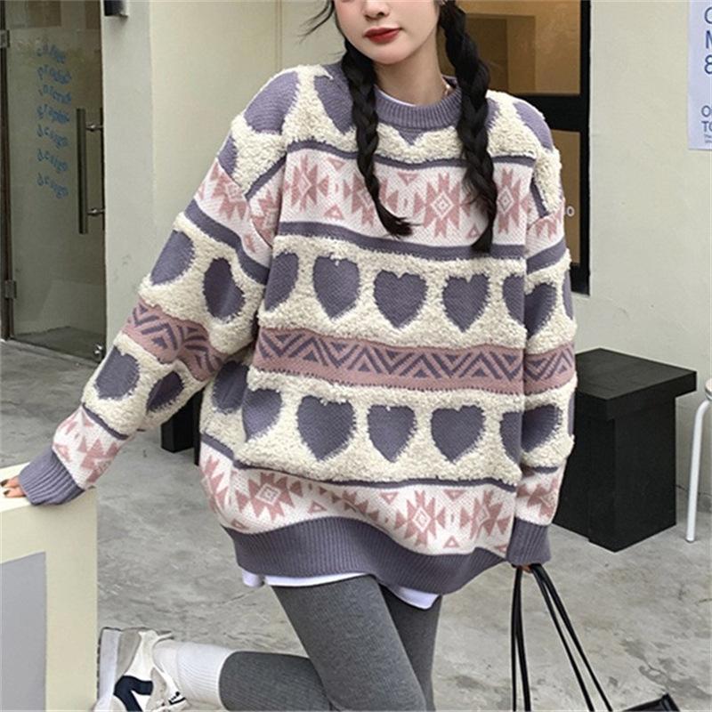 Women's Jacquard Love Sweater Autumn/Winter Knitted Sweater Loose Long Sleeve Coat Women's Top