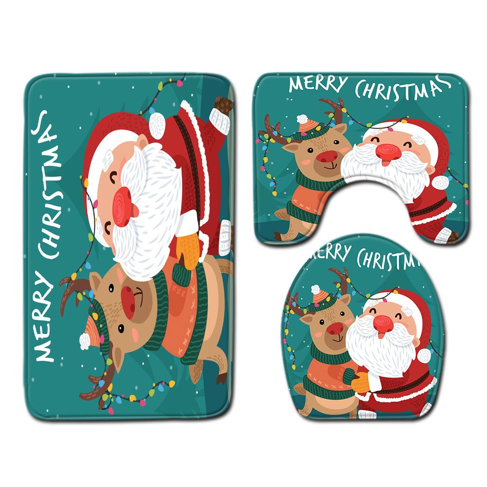 Christmas Shower Curtain Polyester Cloth Toilet Seat Four-Piece Set Entrance Door Mat Bedroom Living Room Floor Mat Carpet