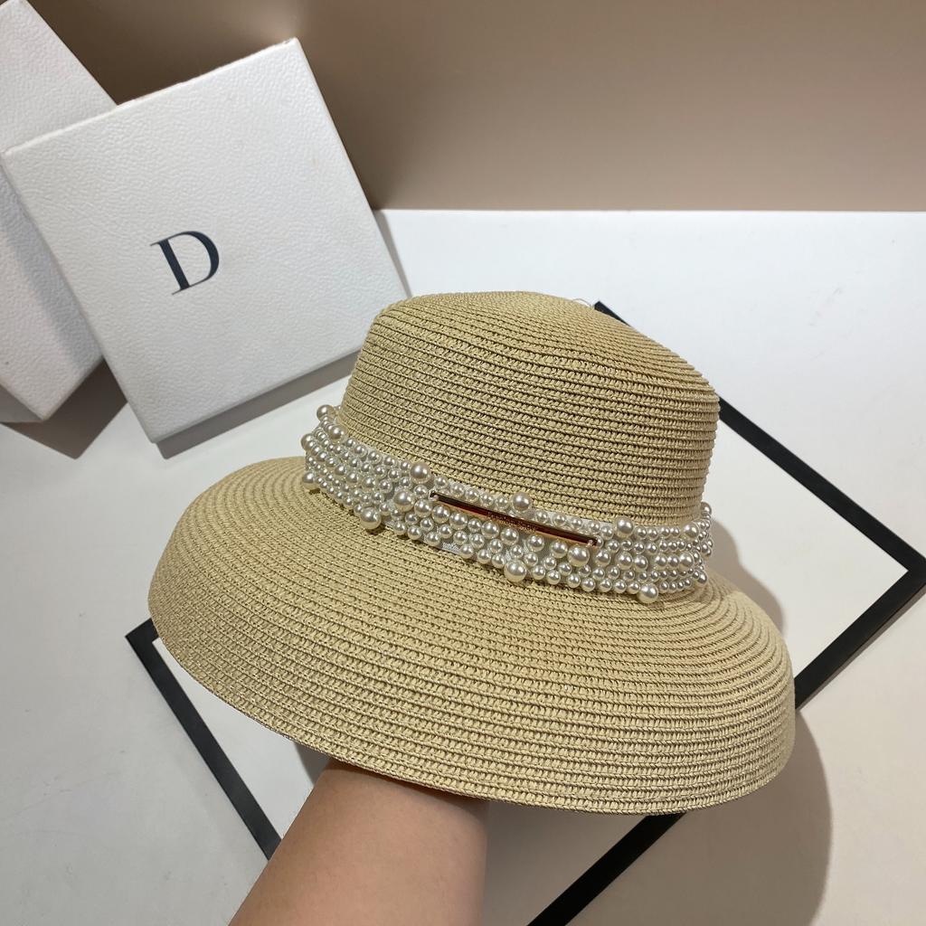 French Hepburn Style Lampshade Straw Hat Summer Small Fragrant Wind Pearl Light Luxury Sun Hat Concave Shape Big Brand Sense Straw Hat