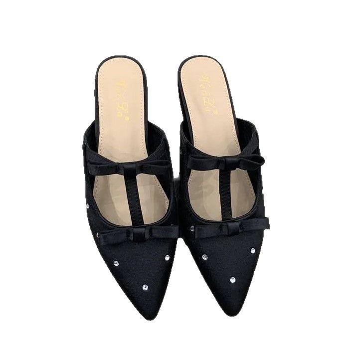 Gentle Fairy Bag Head Half Slippers Spring Fashion French Temperament Elegant Satin Bow Pointed Wedge Slippers