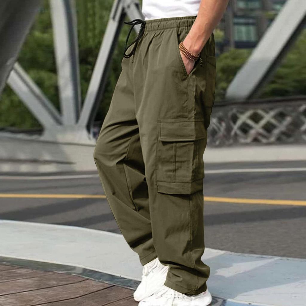 Männer Casual Cargo Hosen Elastischer Bund Kordelzug Multi Taschen Hip Hop Hosen Gerade Breite Bein Lange Hosen