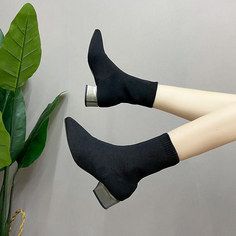Stiletto Short Boots High Heels Socks Boots Wool Pointed 2025 Autumn New European Station Knitted Elastic Boots Sleeve Women's Shoes