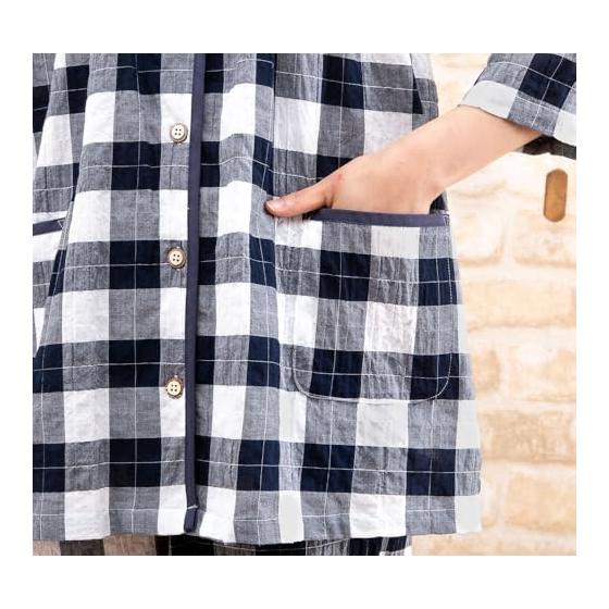 [K's Eye] Women's Pajamas, 100% Cotton, Skin-friendly, Light and Cool, Soft Cotton Check Summer, 3/4 Sleeves, 9/4 Pants, Open Front, Summer
