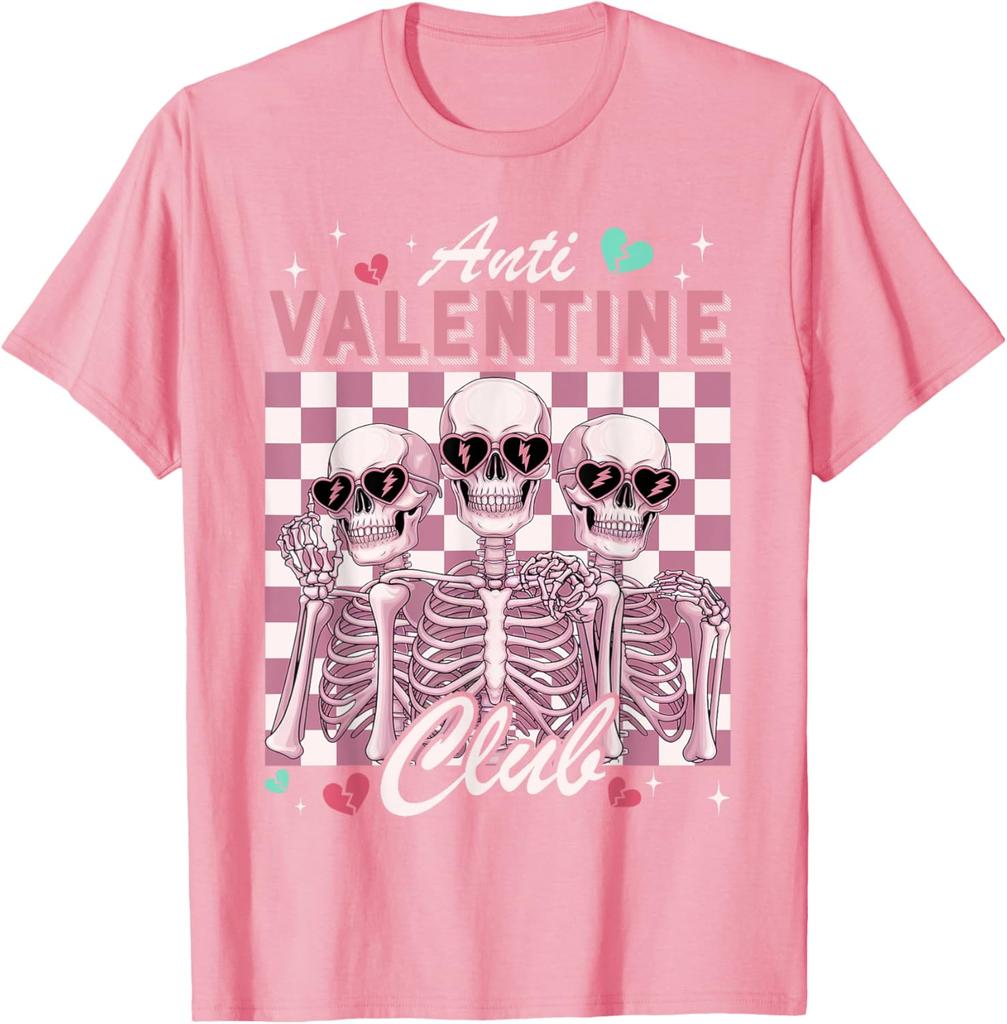 Anti-Valentinstag-Club-Skelett-Grafik-T-Shirt, lustiges Single-Day-Freizeit-Rundhals-T-Shirt für Männer und Frauen