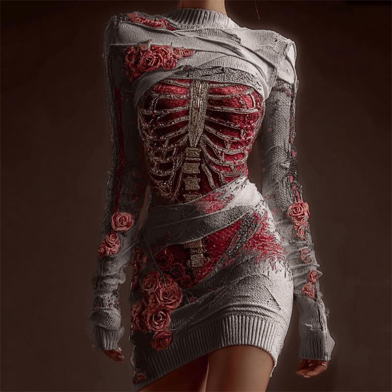 2025 Halloween European & American Street Style 3D Skull Print Short Sleeve Sweater