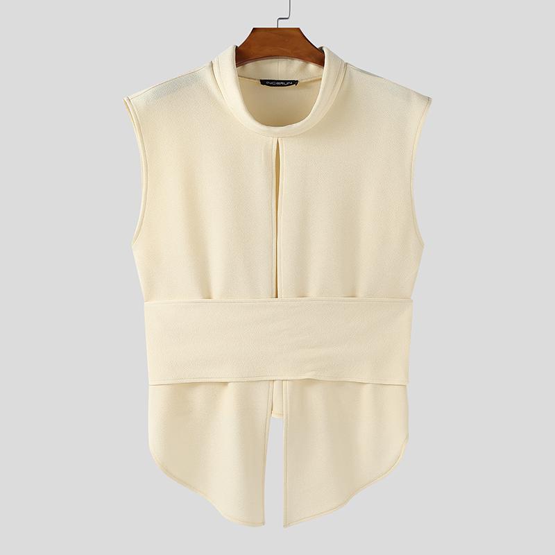 

INCERUN Men Stand Neck Sleeveless Back Lace-up Waist Cutout Splits Tank Tops 4XL абрикосовый