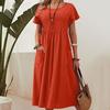 Yeni Yaz Düz O Yaka Cepli Büyük Beden Elbise Kadın Piliseli Kısa Kollu Pamuk ve Keten Günlük Elbiseler Kadın Moda Retro Plaj Bol Elbise 26506