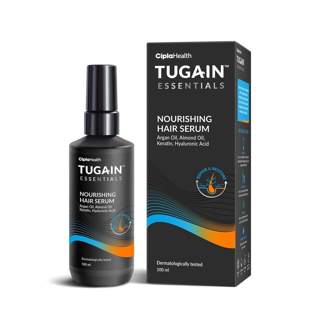 Tugain Essentials Siero Nutriente per Capelli 100ml | Olio di Argan, Olio di Mandorle, Cheratina & Acido Ialuronico | Per Capelli Luminosi & Lisci | Riduce l'effetto crespo & capelli
