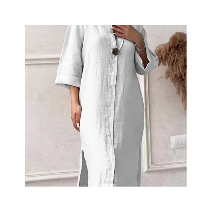 

2025 Elegant Round Neck Slimming Buttoned Solid Color Long Dress 5XL