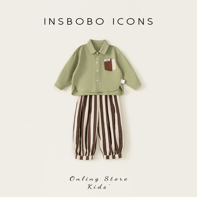 Insbobo Boys Spring Outfit Set 2026 New Style Boys Shirt Two-Piece Set Children s Long-Sleeve Korean Fashion Green 90 cm