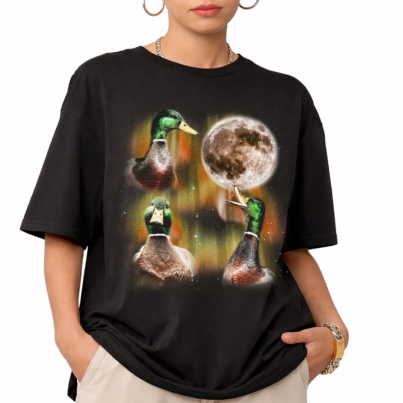 Mallard Ducks Moon Graphic Tee, Retro Waterfowl Birdwatcher Shirt 2XL