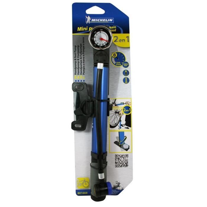Pompe à vélo - MICHELIN - Mini pompe aluminium 2 en 1 - Manomètre intégré - Compatible valves Presta et Schrader