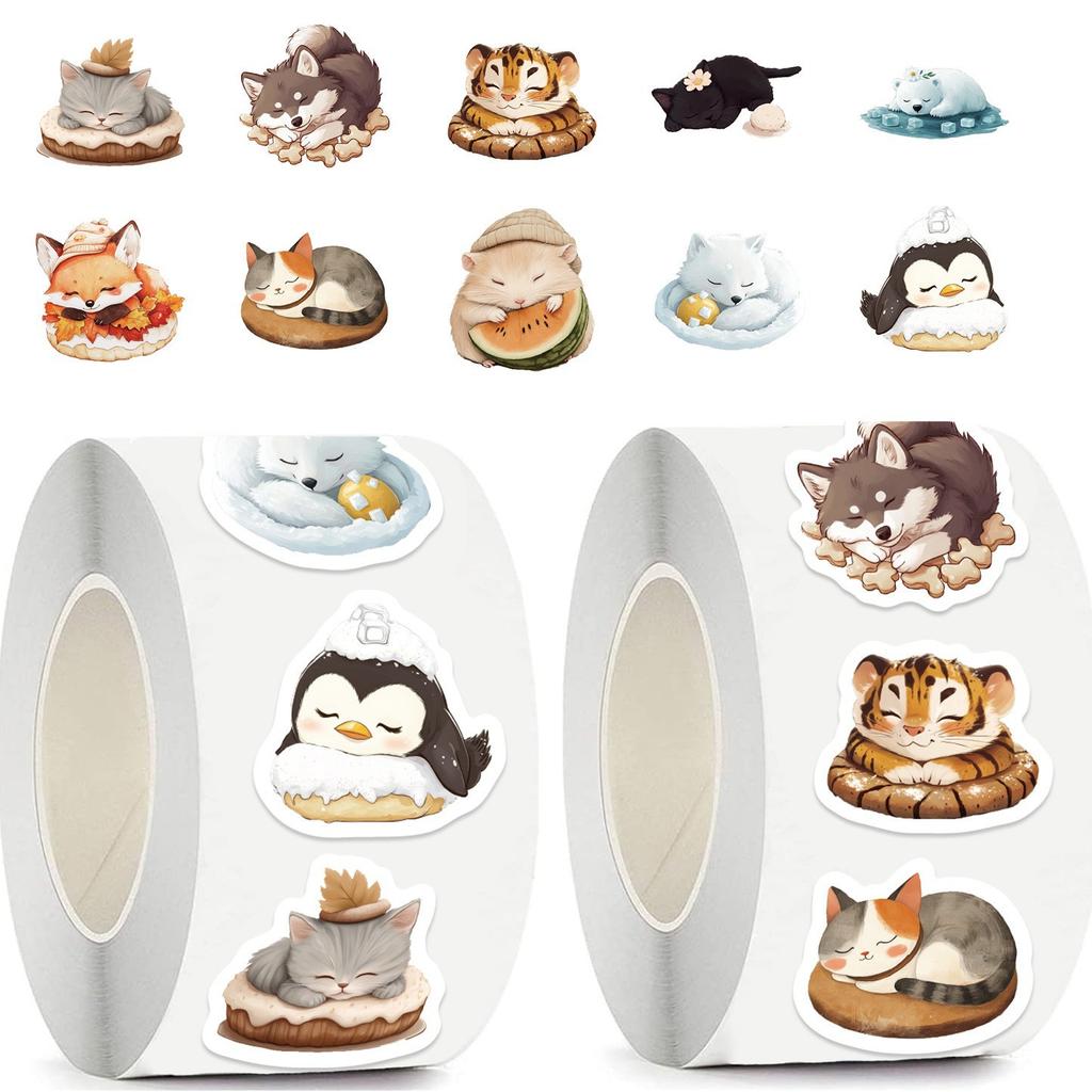500 Pieces/roll Roll Stickers Tape Sleeping Animal Stickers Handbook Material Decorative Envelope Seal Stickers