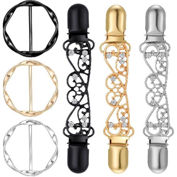 3Pcs Waist Cincher Clip and 3Pcs Silk Scarf Ring Clip, Dress Back Cinchers Sweater Clips, T-shirt Tie Clips for Tightening Dress Pant Waist Tightener