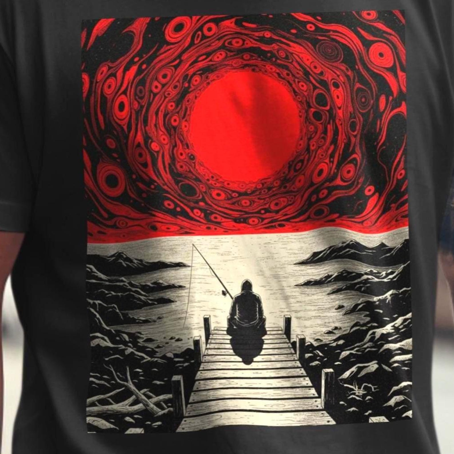 Lone Fisherman Grunge T-Shirt | Fishing Aesthetic Shirt | Dark Surreal Lake Tee | Peaceful Solitude Graphic XS to 5XL L