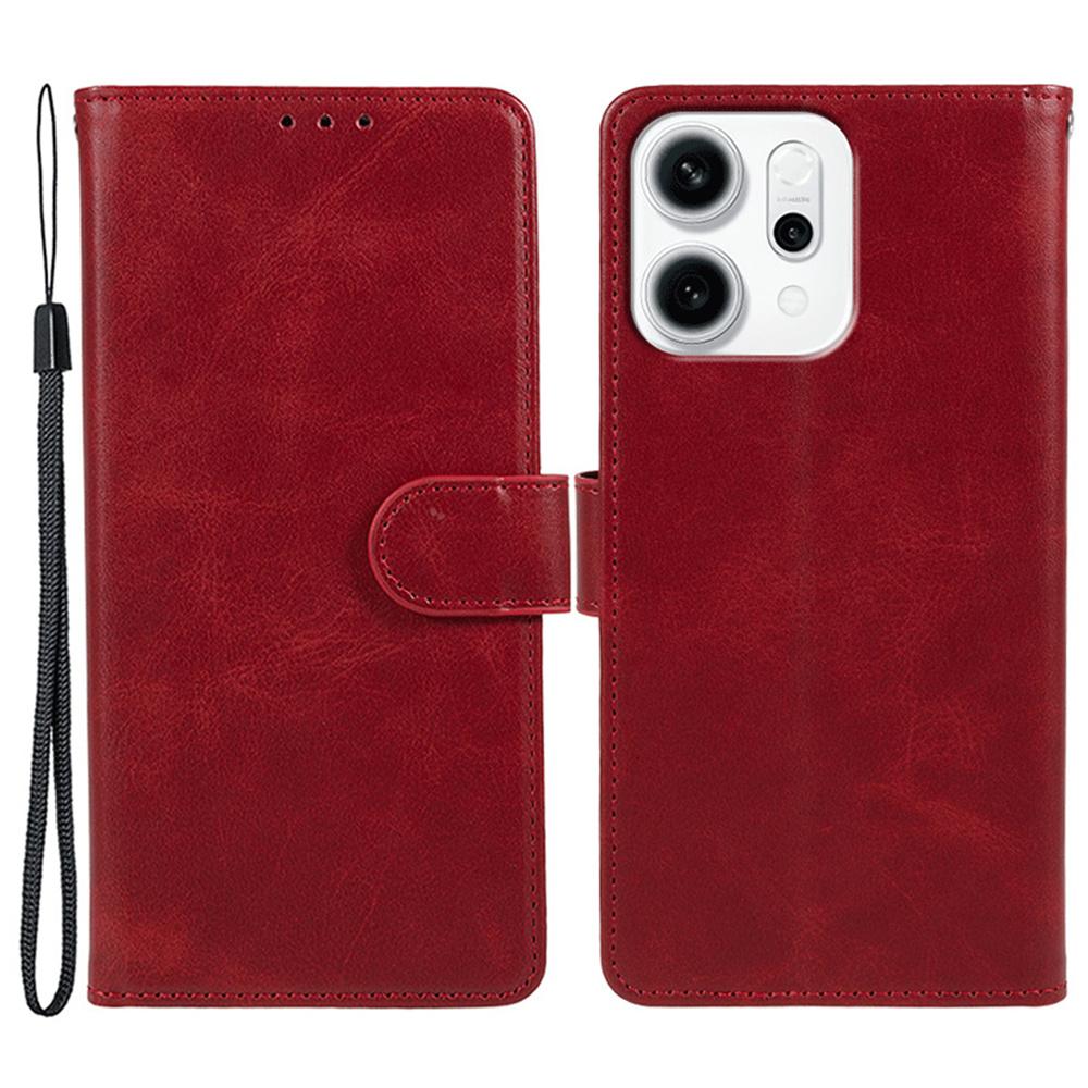 For Oppo Reno14 F 5G Case Calf Texture PU Leather Wallet Phone Cover with Wrist Strap