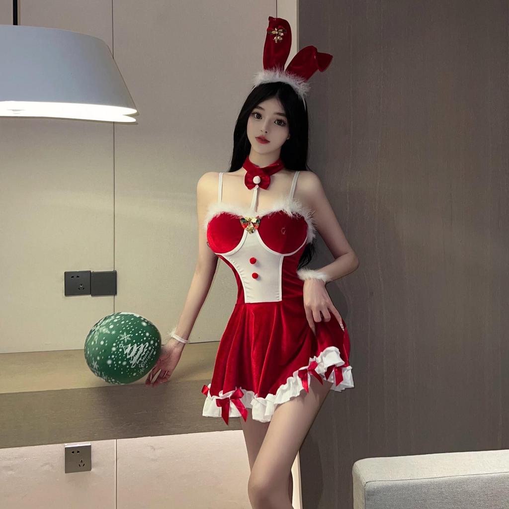 Red Bunny Girl Temptation Dress - Sexy New Year Christmas Lingerie with Removable Battle Robe