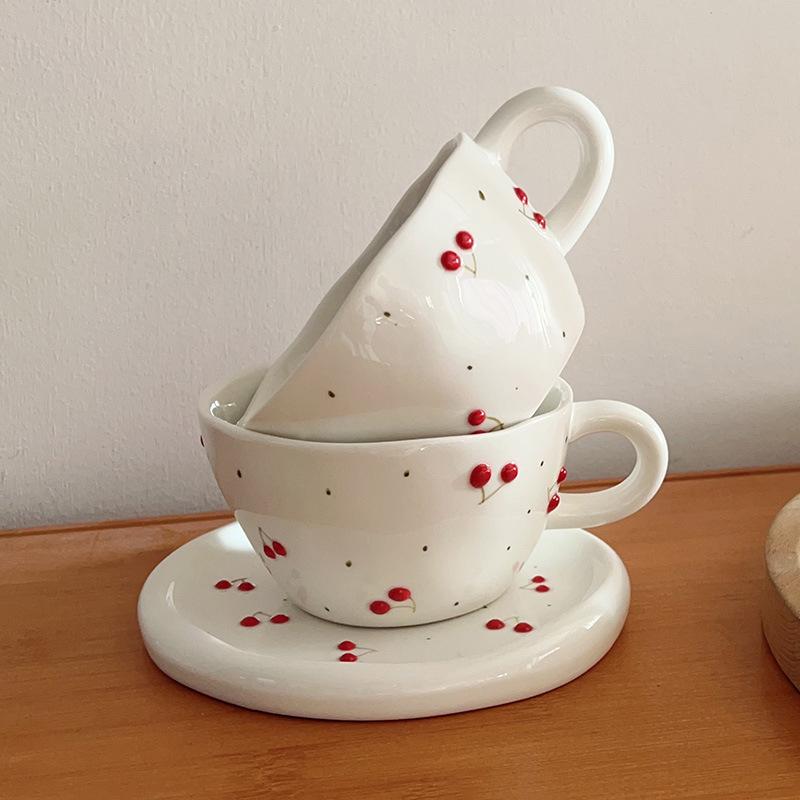 High Value Hand Pinch Ceramic Coffee Cup Cute Cherry Mug Household Water Cup Breakfast Cup One Dish Set
