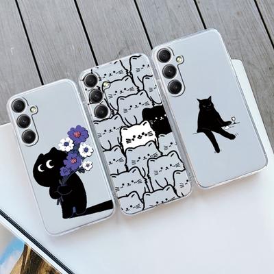 Niedliche Schwarze Katze Weiche Transparente Silikonhülle Für Xiaomi Redmi Note 13 14T 15 Samsung A55 A35 S24 iPhone 15 Huawei Honor Kamera Schutz Stoßfeste Hülle